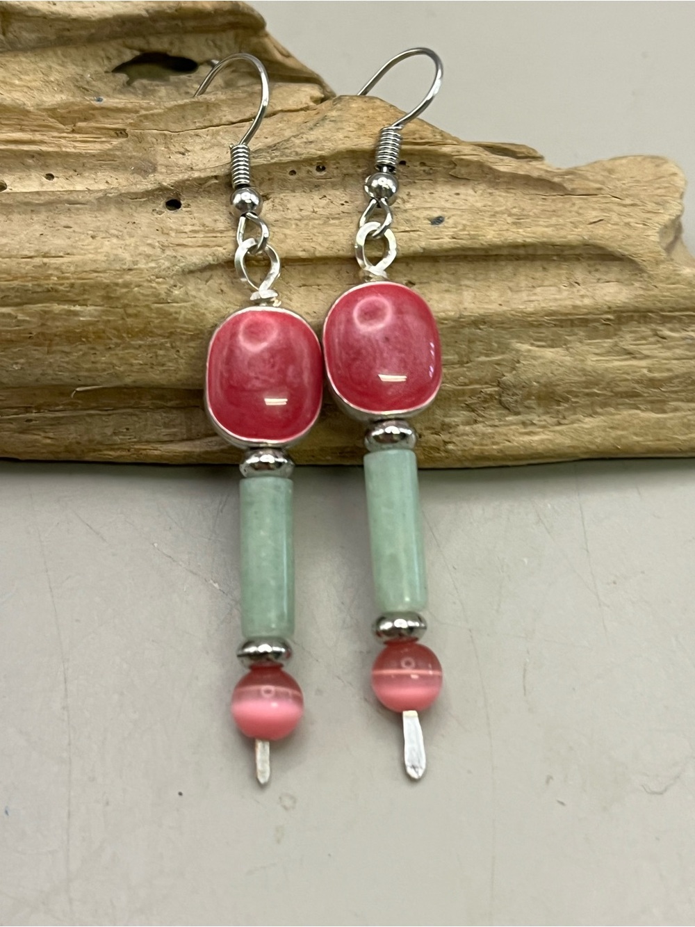 Boho Pink & Mint Green Beaded Dangle Earrings Silver Tone Artisan Handmade Drop